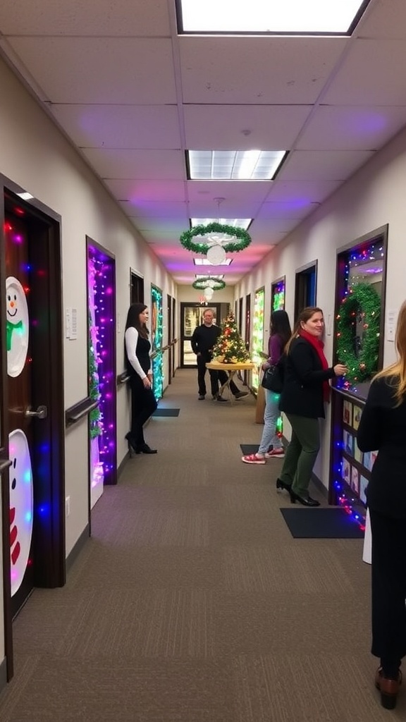 Office hallway with decorated doors for a Christmas contest, featuring various holiday themes.